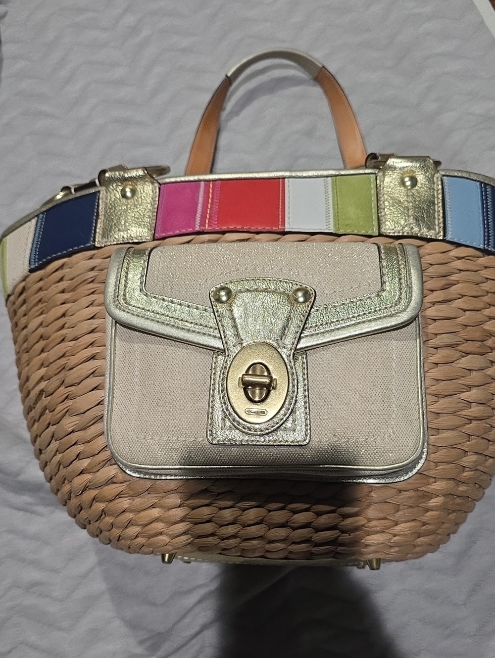 Woven Straw Tote with Neutral Front Pocket and Multicolor Strap